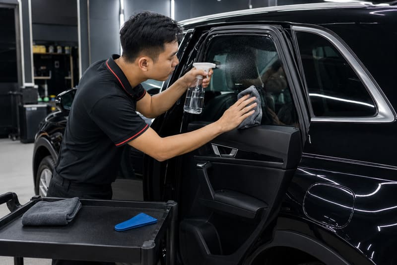 Cách dán phim cách nhiệt kính lái ô tô bước 2: Vệ sinh kính thật sạch trước khi dán