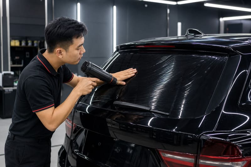 Cách dán phim cách nhiệt ô tô bước 4: Sấy tạo form phim theo độ cong của kính
