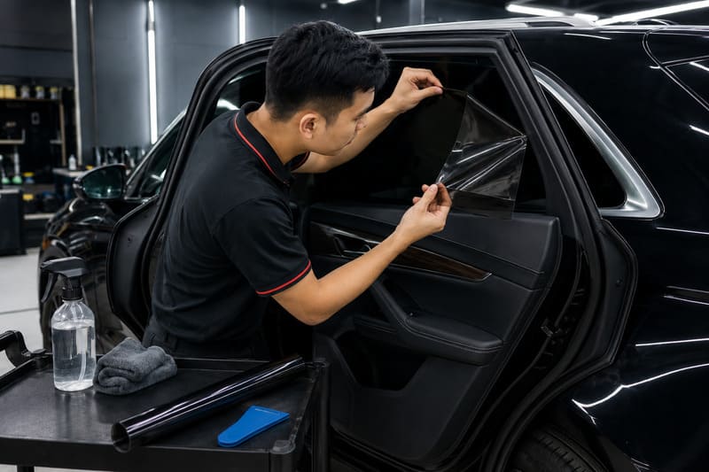 Cách dán phim cách nhiệt ô tô bước 6: Bóc liner và đặt phim lên kính