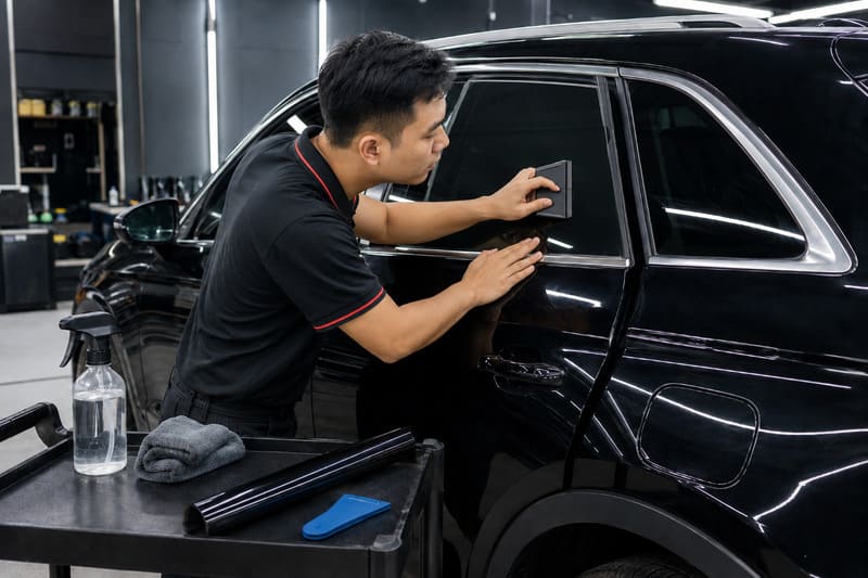 Cách dán phim cách nhiệt kính lái ô tô bước 7: Gạt nước và loại bỏ bọt khí