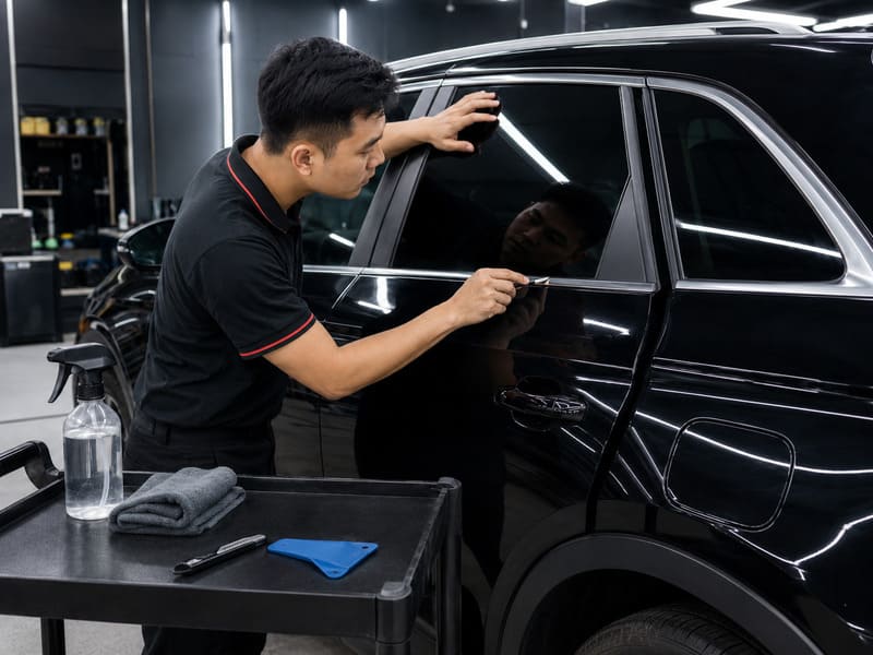 Cách dán phim cách nhiệt cho ô tô bước 8: Cắt mép phim và hoàn thiện